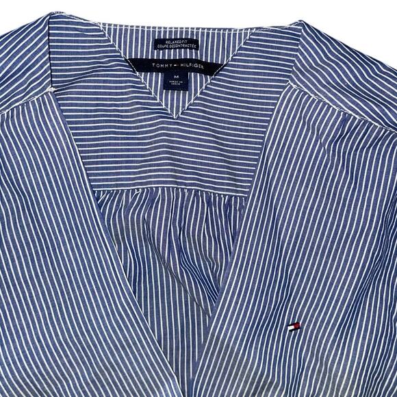 Tommy Hilfiger blue white striped faux wrapped long sleeve blouse size Medium - Picture 3 of 4